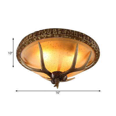 Lodge Style Dome Flush Lighting 3 Bulbs Seedy Glass Close to Ceiling Light in Brown with Resin Antler