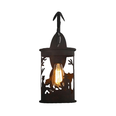 Metal Lantern Wall Lighting with Wild Animal Pattern Loft Style 1 Light Wall Sconce Lamp in Black