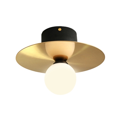 Milk Glass Globe Light Fixture Ceiling with Golden Disk Contemporary 1 Bulb Ceiling Light for Living Room
