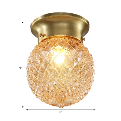 Mini Globe Flush Ceiling Light Clear Prismatic Glass Single Light Flushmount Lighting in Brass, 6