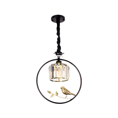 Modern Drum Pendant Light with Bird Accents Clear Faceted Crystal 1 Light Black/Gold Foyer Drop Light