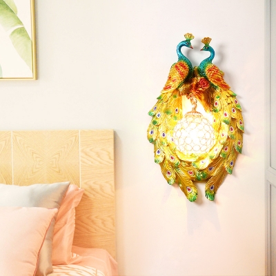 Peacock Wall Sconce Country Style 1 Light Wall Lamp with Dome Crystal Shade in Yellow for Bedroom
