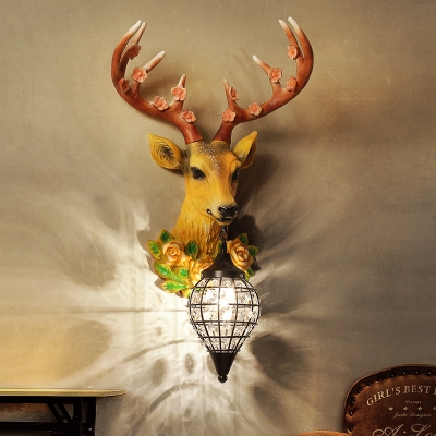 Resin Deer Wall Sconce Lighting with Flower Loft Teardrop Clear Crystal Wall Lamp