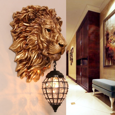 Resin Lion Wall Mounted Lamp with Black Teardrop Lampshade Single Light Loft Wall Lighting in Gold