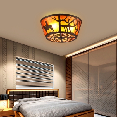 Round Flush Ceiling Light with Bear/Horse Pattern 3 Lights Marble Flushmount Lighting in Brown