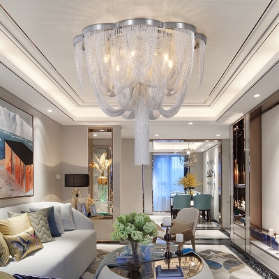 Silver Ceiling Light with Metal Chain Shade Art Deco Indoor Flush Lighting for Living Room
