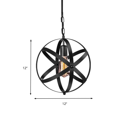Strap Globe Pendant Light with/without Crystal Ball Industrial Metal 1 Light Suspension Lamp in Black