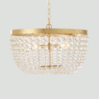 Vintage Beaded Chandelier Light Clear Crystal Hanging Ceiling Light in Aged Brass