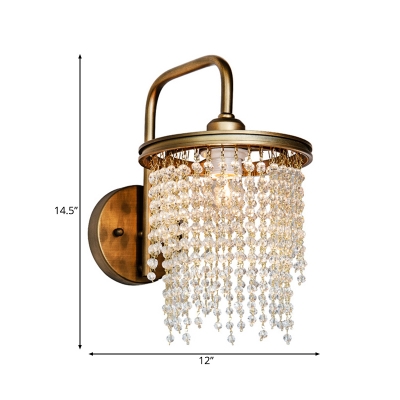 1/2 Lights Drum Wall Mounted Light with Crystal Beads/Sticks Rustic Vintage Wall Lamp in Aged Brass