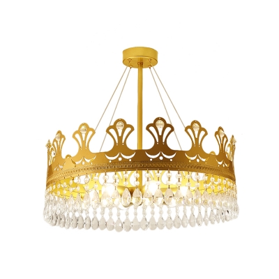 3/4/6 Lights Crown Chandelier Lighting Modern Metal Golden Pendant Lamp with Clear Crystal Prisms, 12