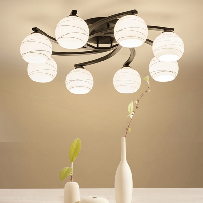 3/5/8 Heads Spherical Semi Flush Ceiling Light with Swivel Backplate White Glass Loft Ceiling Lighting in Black