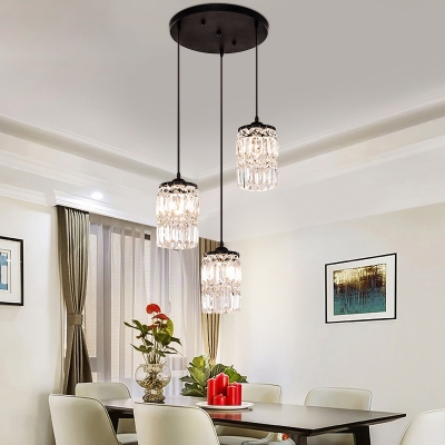 3 Lights Clear Crystal Cluster Pendant Lighting with Linear/Round Canopy Modern Suspension Light in Black