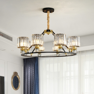 4/6/8 Heads Drum Chandelier Modernism Clear Crystal Prisms Hanging Lamp in Brass with Black Metal Ring