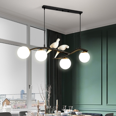4 Lights Orb Island Lighting with Bird Accents White Glass Modern Hanging Ceiling Light in Black