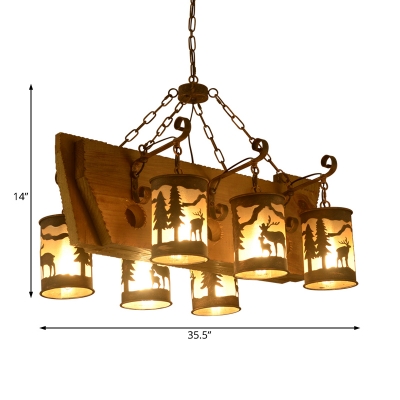6 Lights Deer Hanging Light Country Style Wood and Metal Chandelier Lighting in Rust Finish