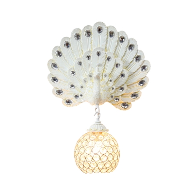 Art Deco Peacock Wall Mounted Light with Spherical Shade 1 Light Resin and Crystal Sconce Light in Blue/Gold/White