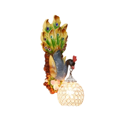 Blue/Gold/White Resin Peacock Wall Mount Light Country Style Single Light Decorative Sconce Lamp with Orb Crystal Lampshade