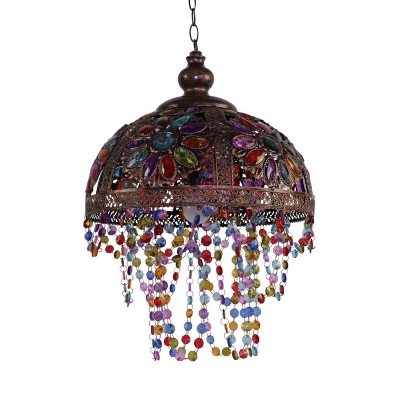 Bronze/Rust Dome Hanging Light with Beaded Strand 1 Light Metal Ceiling Pendant for Living Room