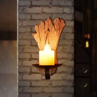 Candle Wall Sconce with Foot Print Wooden Backplate 1 Light Rustic Wall Mounted Lighting in Black