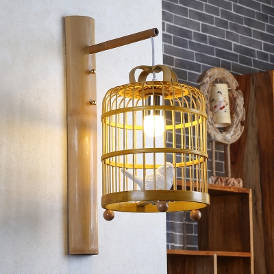 Chinese Style Birdcage Suspender Wall Light with White Bird Accent 1 Light Wooden Sconce Light