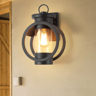 Clear Seedy Glass Wall Sconce Lighting Vintage Double Iron Circle 1 Head Sconce Fixture in Black Finish