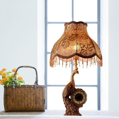 Country Scalloped Table Light with Brown/Gold Peacock and Clock 1-Light Fabric Standing Table Light for Living Room