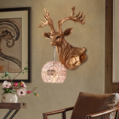 Elk Flush Mount Wall Sconce with Clear Crystal Dome Lampshade Lodge 1 Light Wall Lamp in Antique Brass