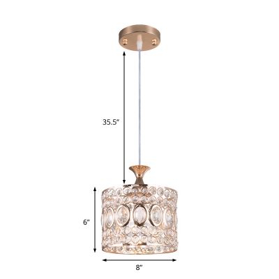 Gold Drum Pendant Lamp Modern Clear Crystal 1 Light Hanging Ceiling Light for Living Room, 6