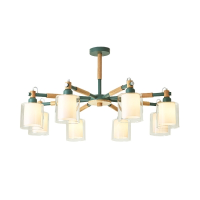 Green/Pink/Yellow Cylinder Chandelier Lighting with Inner Milk Glass Shade Macaron 3/5/6/8 Bulbs Ceiling Pendant Light