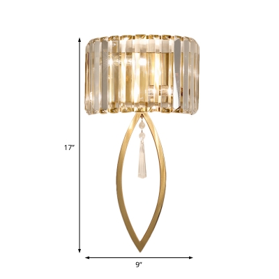 Luxurious Half-Drum Wall Light with Clear Crystal Metal 2 Lights Gold Wall Lamp for Corridor Bedroom