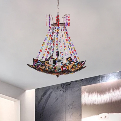 Metal Shade Bohemia Pendant Lamp with Crystal Bead 3 Lights Indoor Suspension Light in Antique Copper