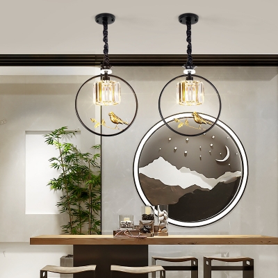 Modern Drum Pendant Light with Bird Accents Clear Faceted Crystal 1 Light Black/Gold Foyer Drop Light