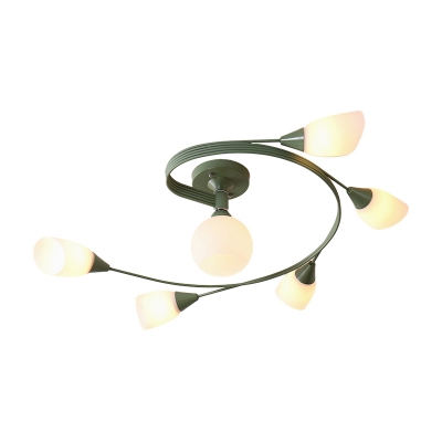 Nordic Curved Arm Semi Flush Ceiling Light with Opal Glass Shade 4/6 Heads Semi Flush Lamp in Blue/Green/Grey/Pink/Yellow