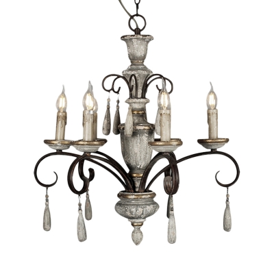 Rustic Hanging Light with Candle 6 Light White Wood Chandelier Lighting for Foyer
