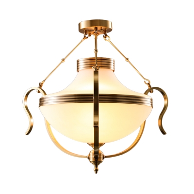 Traditional Bowl Hanging Light Opal Glass 3 Lights Foyer Ceiling Pendant Light in Gold