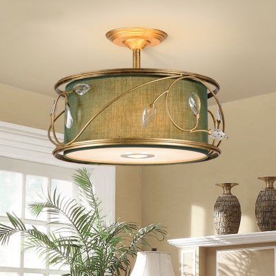 Traditional Round Semi Flush Lighting 3 Bulbs Ceiling Light Fixture with Green/Army Green Fabric Shade