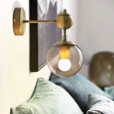 1/2-Head Global Wall Mount Light with Amber Glass Shade Modernist Wall Sconce Lighting in Gold for Bedroom