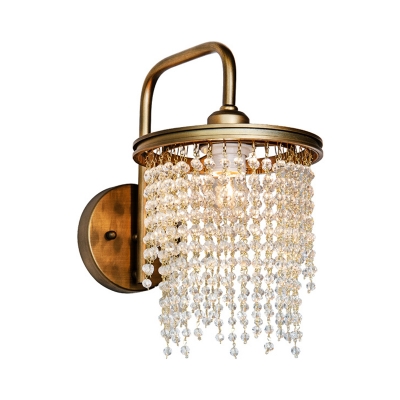 1/2 Lights Drum Wall Mounted Light with Crystal Beads/Sticks Rustic Vintage Wall Lamp in Aged Brass