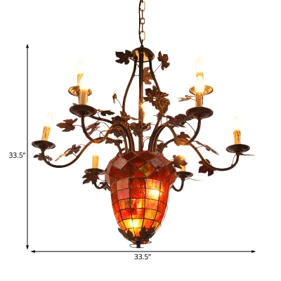12 Lights Pinecone Hanging Ceiling Light with Candle Stained Glass Country Chandelier in Brown