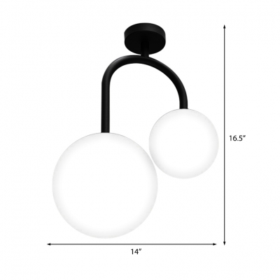 2 Lights White Semi-Flush Ceiling Light with Global Glass Lampshade Modernist Semi Mount Lighting for Bedroom