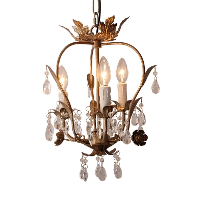 3-Light Candle Small Chandelier Traditional Metal Hanging Lamps with Crystal in Rust for Bedroom