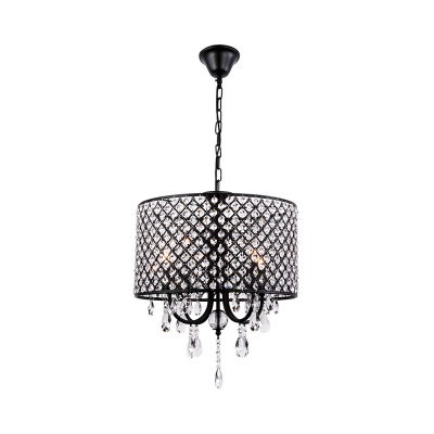 4 Lights Drum Hanging Light with Clear Crystal Modern Chandelier Light in Black/Chrome