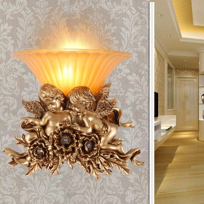 Amber Glass Flared Wall Mounted Light Country Style 1 Light Wall Light Fixture with Gold Angel Decoration