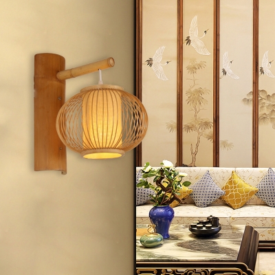 Asian Suspender Wall Light with Lantern Shade 1 Light Mini Wall Sconce Lamp in Wood Finish