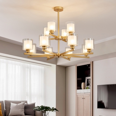 Black/Gold/Silver 2 Tiers Chandelier Lighting Modernism 12-Light Metal Hanging Ceiling Light with Cylinder Glass Shade