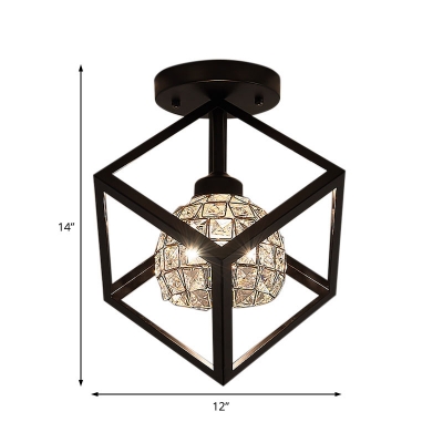Black Square Cage Semi-Flush Mount Light Contemporary Metal 1 Light Ceiling Fixture with Crystal Shade for Foyer