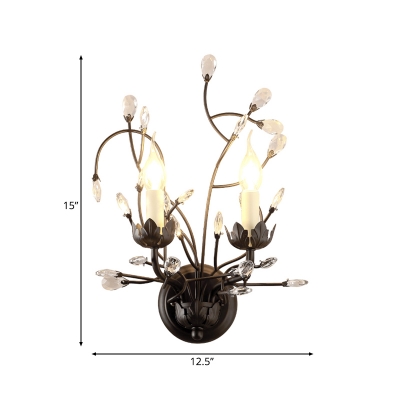 Branch Flush Wall Sconce with Bare Bulb and Decorative Crystal Vintage 2 Lights Living Room Wall Lamp in Black