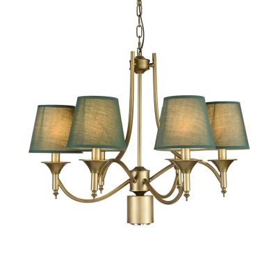 Brass Pendant Lighting with Army Green/Green/White Fabric Shade Vintage 6 Lights Living Room Lighting