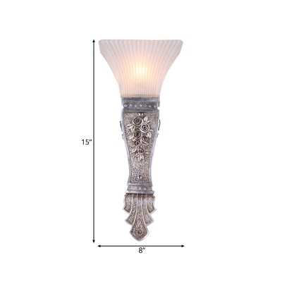 Carved Arm Wall Mount Light with Frosted Glass Shade Country 1 Bulb Sconce Light in Silver
