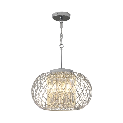 Chrome Wire Cage Hanging Light Modern Metal and Clear Crystal 3 Bulbs Dining Room Chandelier